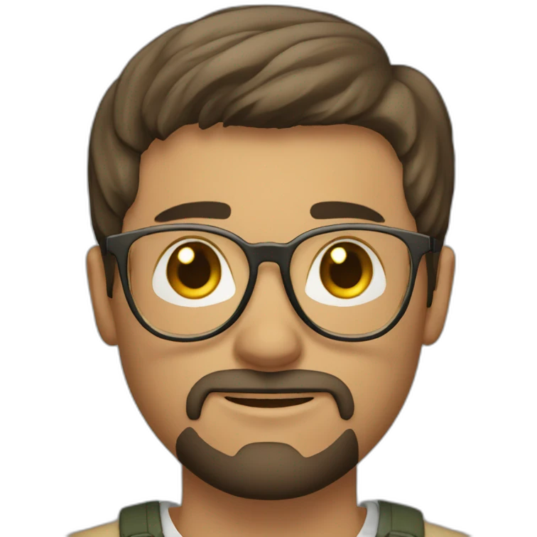 young white man with short dark straight hair and small beard with rounded gold glasses emoji