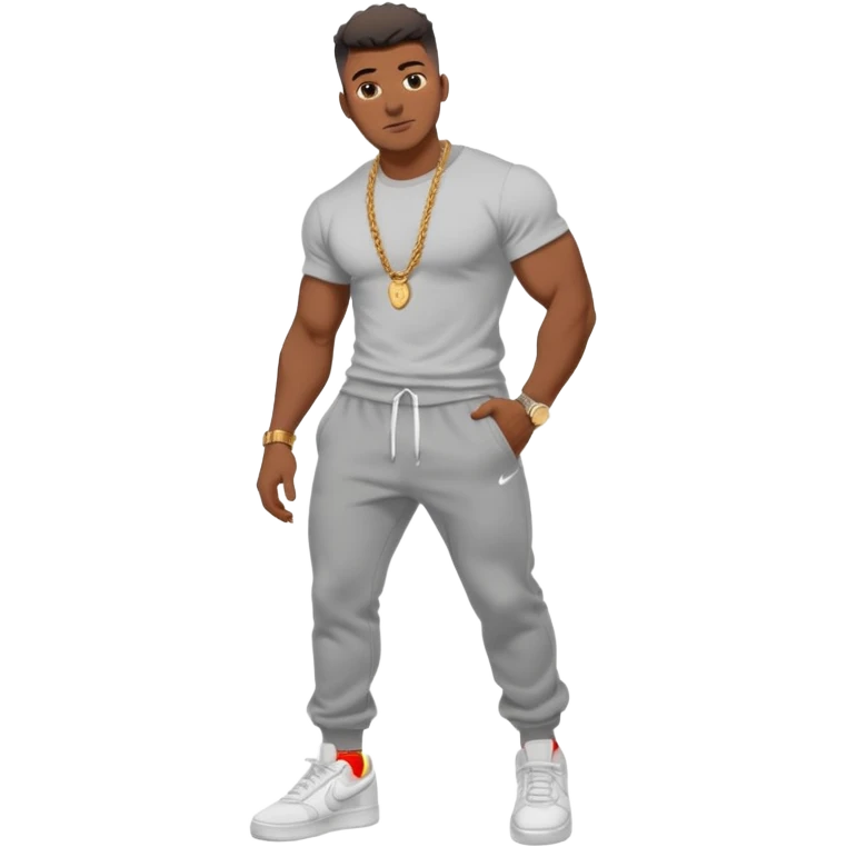 Handsome Black guy with brown skin tone, with muscular build, wearing gray sweatpants, a white t-shirt, white Air Force Ones sneakers, a small gold rope chain, and a gold watch  emoji