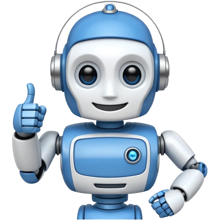 A blue and white robot smiling and winking with one eye, making a thumbs-up sign with one hand. emoji