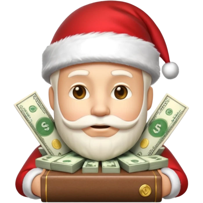 A confident rich emoji face wearing a Santa hat, money stacks, casino vibe, New Year theme, premium 3D emoji style, sharp details, no text, isolated on transparent background emoji