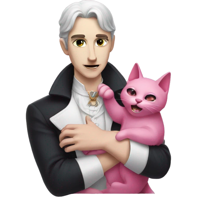 A pale male vampire petting a pink cat emoji