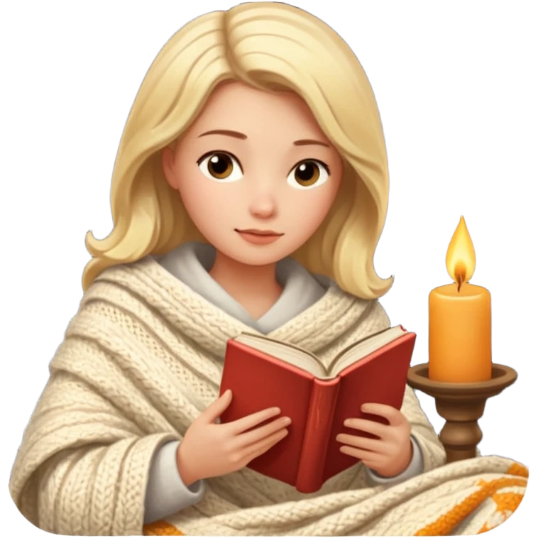 Cozy blonde woman reading book with blanket and candle emoji