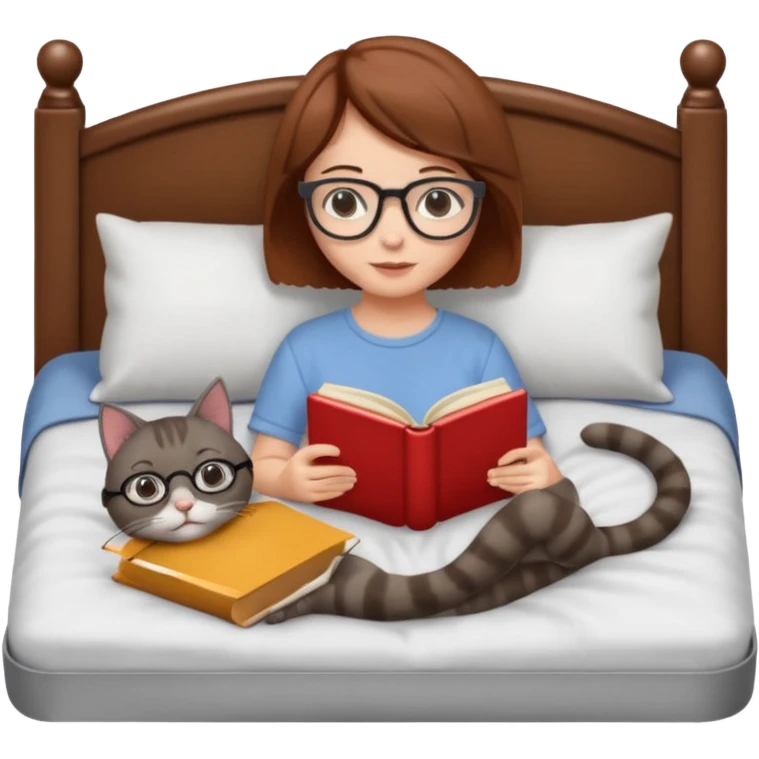 A girl is lying in bed. She has short chestnut hair styled neatly, is wearing glasses, and is reading a book. A grey cat is lying on her legs. emoji