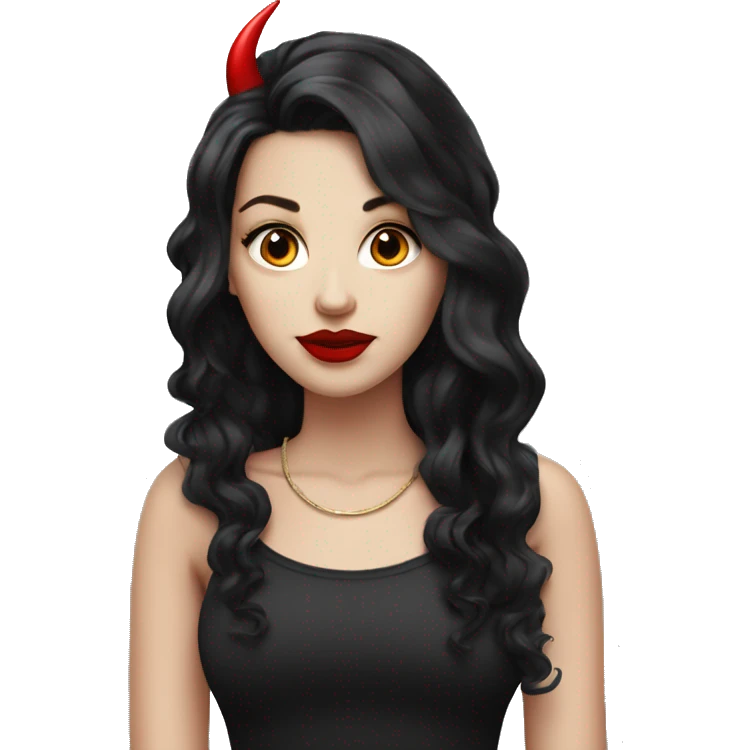 White Girl, red lipstick with red horns with long curly black hair emoji