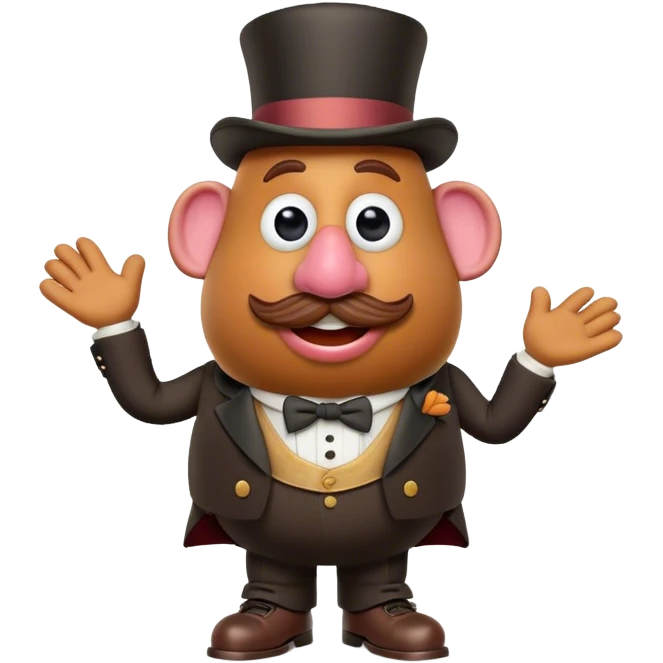 Create a 3D Pixar-style Mr. Potato Head character with a rounded, slightly uneven shape, expressive eyes, a wide smile, and cartoonish limbs, dressed in a victorian suit and top hat emoji
