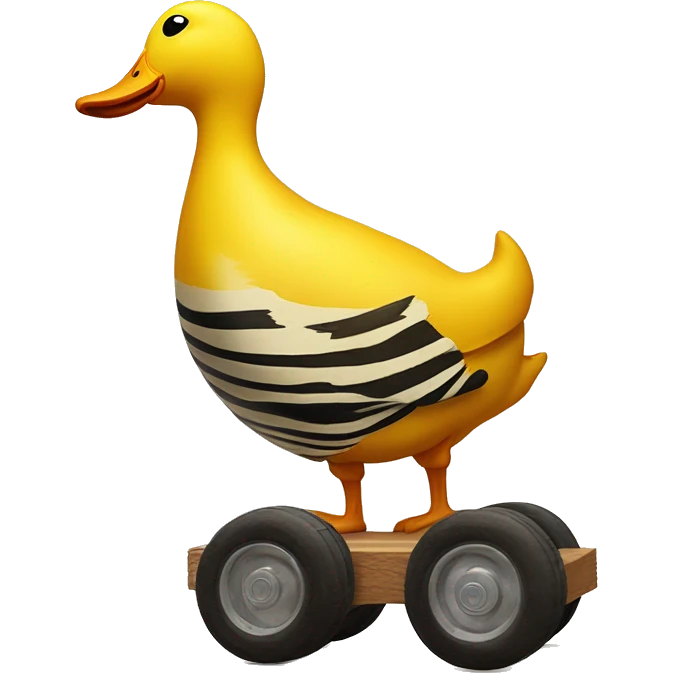 Big Yellow Duck with vertical tiger stripes on wooden wheels like from the book janosh. Point of view from the side 90 degrees emoji