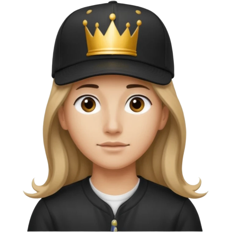 Wearing a black baseball cap turned backwards, with the brim facing the back. The crown is tilted slightly forward. Hair is long and loose. emoji