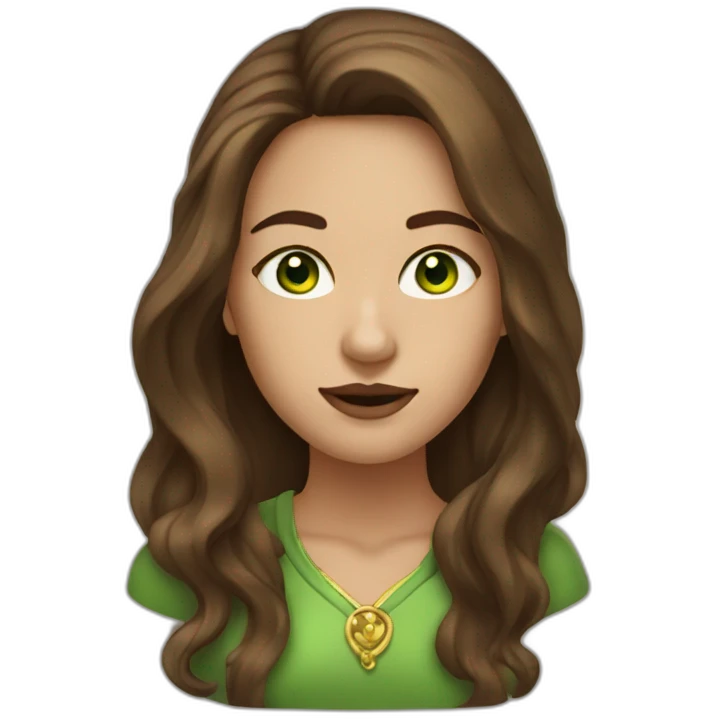 Woman with long brown hair with gold nose ring with green eyes emoji