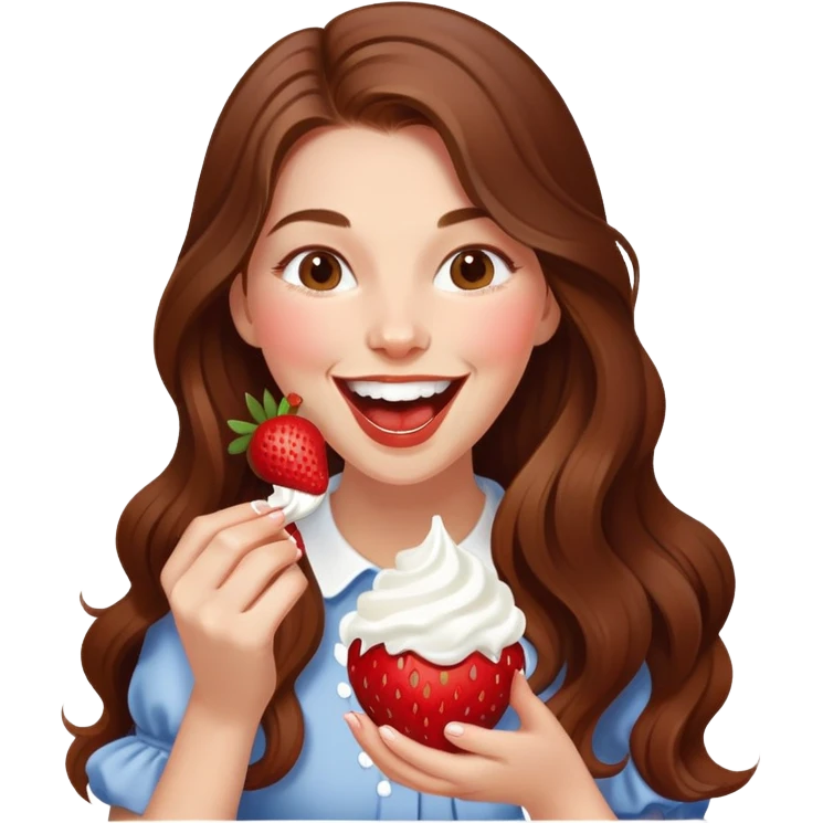 Girl with long brown hair eating strawberries and whipped cream, laughing elegant  emoji