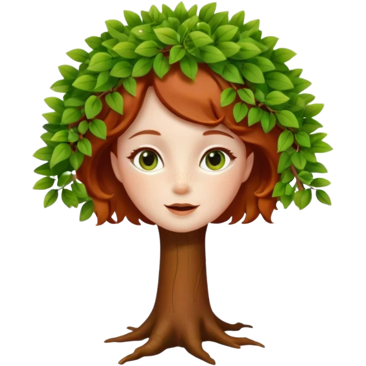 Un petit sapin vert sylvestre, féminin, regard malicieux, tâches de rousseurs délicates, joues roses. Yeux de biche brillants en forme amande, yeux couleur ambre, tronc couleur acajou. Sapin en mouvement, incurvé pour un effet vivant. Style memoji. emoji