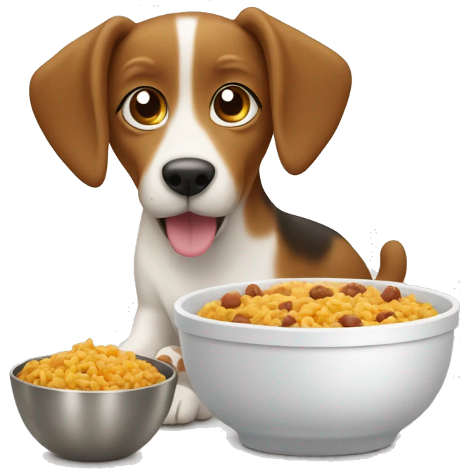 A cute dog with a recipe for food in the bowl in front of it means not just simple food in the bowl but a recipe food that the dog is eating. emoji
