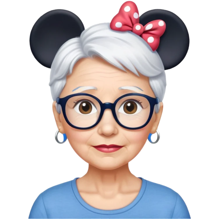 Older woman Hazel eyes short White hair Blue shirt wearing glasses Minnie mouse ears emoji