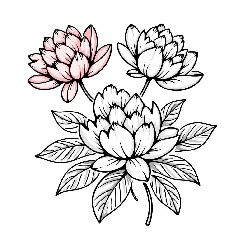 peony flowers with lush petals and leaves in pastel colors dd9fb0 ffc6d3 a3bfc9 c4bee2 f1b091, hand-drawn doodle style emoji