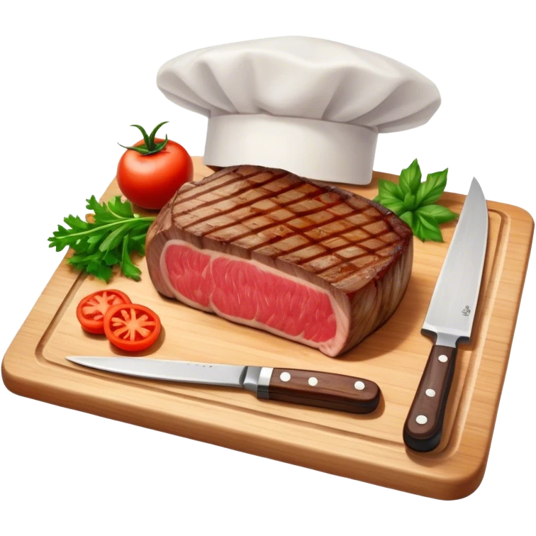 A photorealistic icon featuring a chef's hat, a cutting board with fresh ingredients, a knife, a plate with a well-plated dish, and a beautiful ribeye beef steak. Bright, detailed design with realistic textures and lighting. Transparent background, clearly symbolizing cooking and culinary arts. emoji