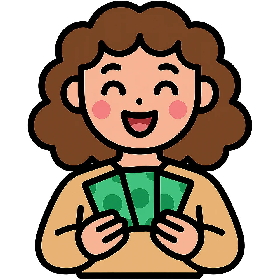 girl with rummy hair in beige sweater happy with money in hands emoji