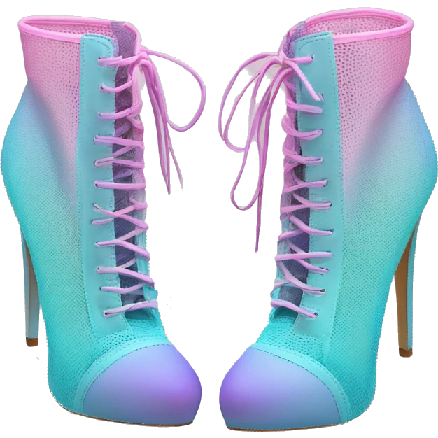 Realistic isolated front top view of a Pair of pastel teal pastel pink periwinkle and pastel purple ombre mesh high heel ankle bootie boots.  emoji
