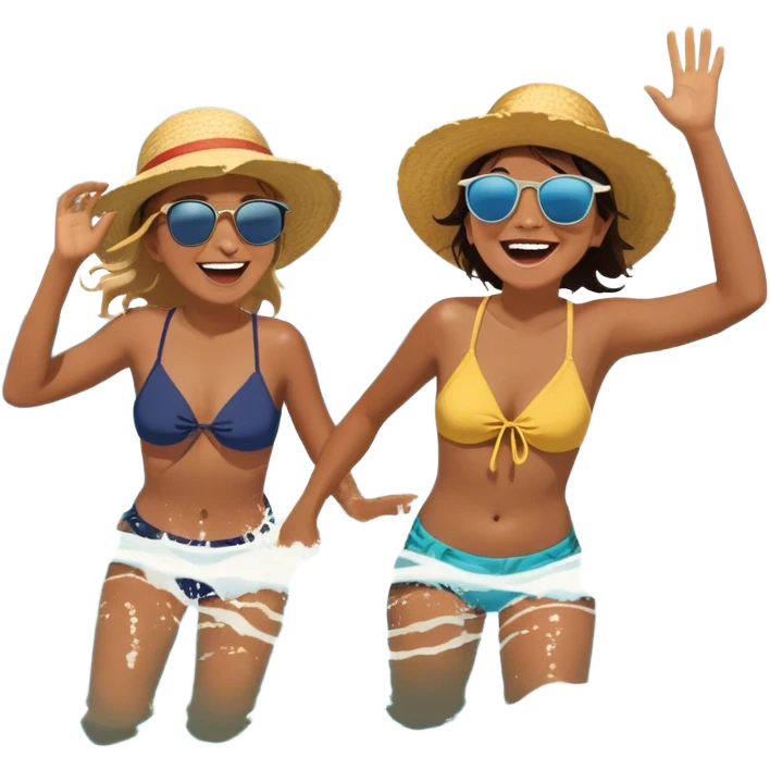 A person splashing in the ocean, laughing with a warm friend beside them. They’re playfully pretending to be explorers, fully immersed in the fun. The sun glows above, and the waves crash around them, symbolizing the joy of being present, creating fun, and appreciating the moment with the people  emoji