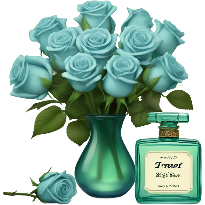 Aesthetic composition of soft blue roses with a vintage-style green  perfume bottle.
 emoji