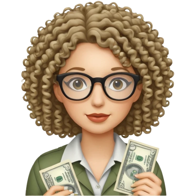 curly haired white woman with glasses and dollar bills emoji