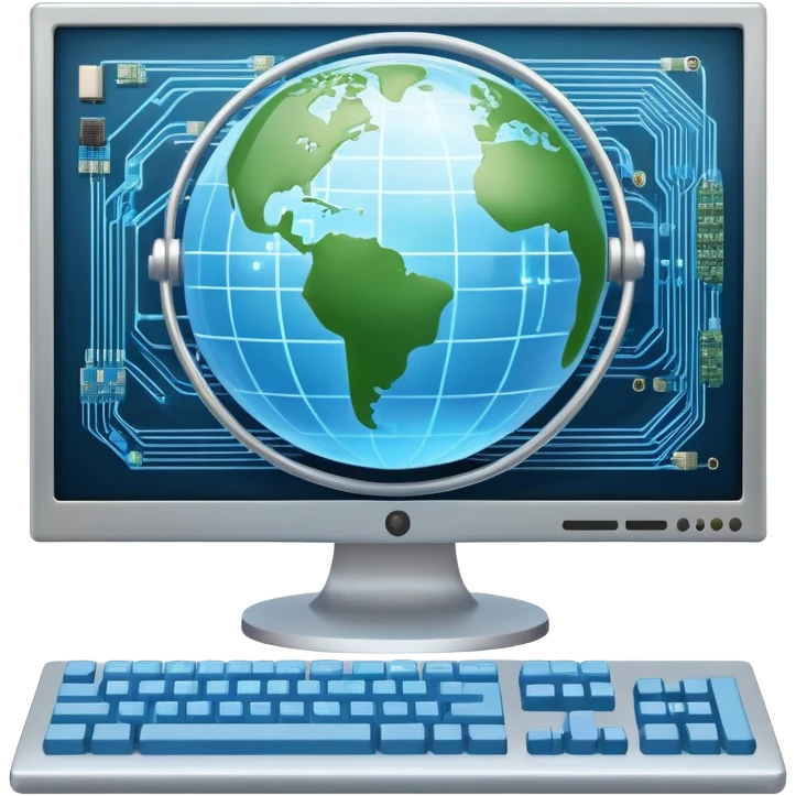 An icon featuring a computer monitor displaying code, a globe with network nodes, and a circuit board, symbolizing IT. The design includes data streams, cloud storage, and a keyboard, representing digital innovation, connectivity, and problem-solving. Transparent background emoji