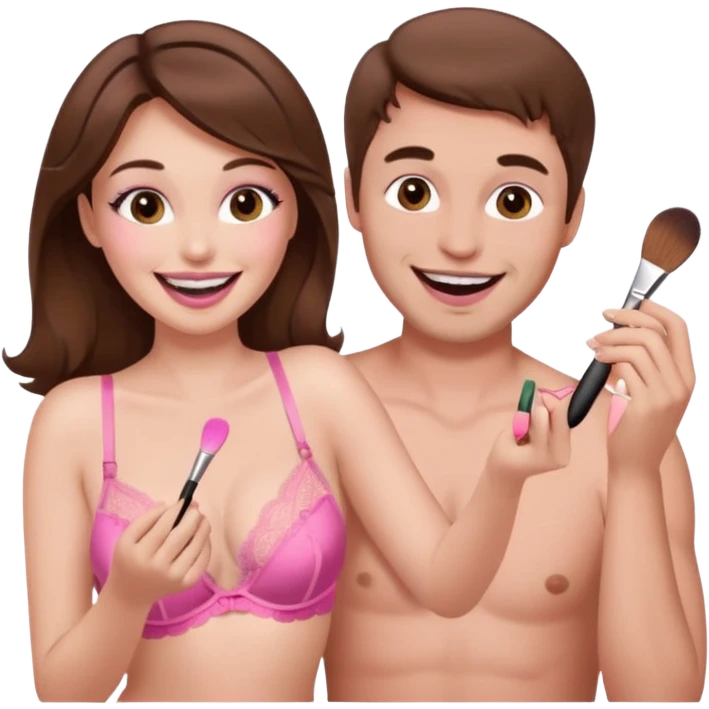 brown hair male getting sissified in pink lingerie dress by his wife. the wife is crying with laughter. she is doing makeup emoji