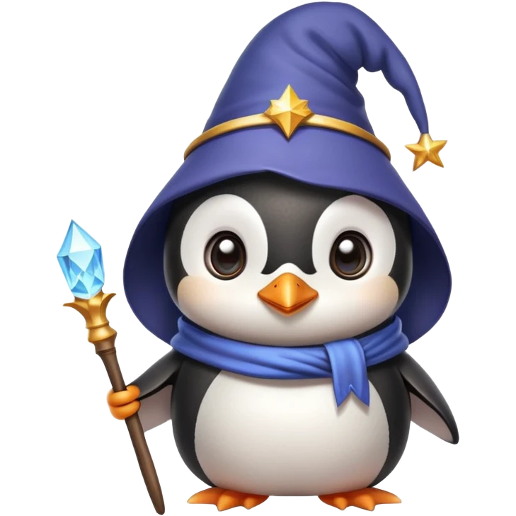 Cute penguin wearing wizard hat and holding a magic wand emoji