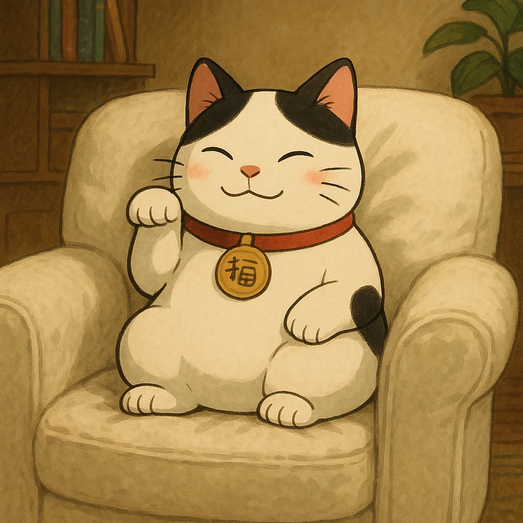 White and black Chinese lucky cat on a cozy white armchair  emoji