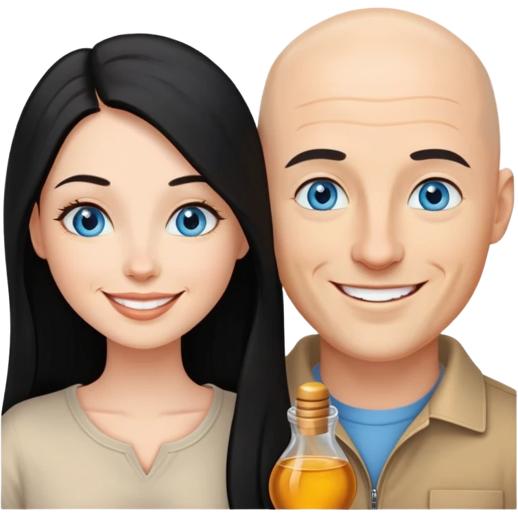 Pareja juntos . El calvo piel blanca sonrisa ojos celestes . Ella pelo negro largo ojos miel sonrisa hermosa . Enamorados  emoji