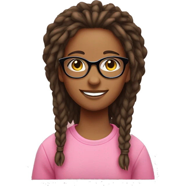A girl with dreadleys in glasses and a pink sweatshirt with a cute smile emoji
