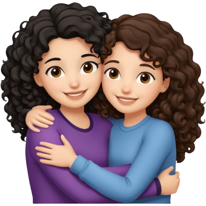 duas meninas lindas uma de cabelo encaracolado e preto e a outra de cabelo castanho ondulado, a darem um abraço de amizade emoji