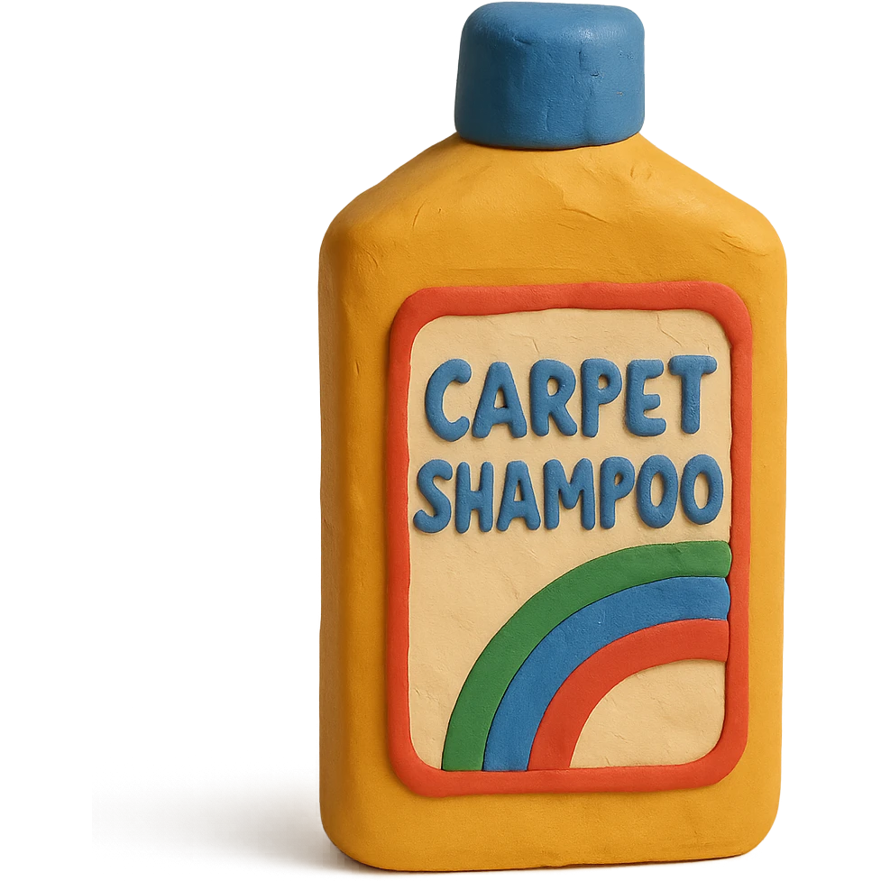 carpet shampoo bottle with blue cap and colorful label, soft lighting, claymation style emoji