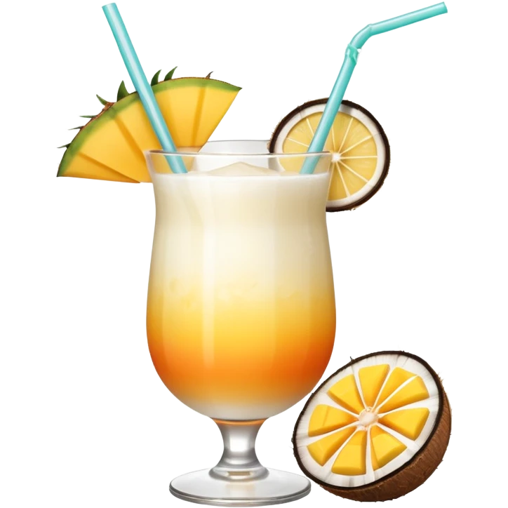 A beautiful cocktail with a creamy white to orange gradient, containing coconut juice and mango, reminiscent of summer. Above, there are tropical flowers, lemon slices, and straws. emoji