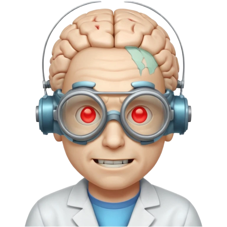 mutant scientist portrait, head and shoulders only, exposed glowing brain, broken goggles, evil smile, mad lab vibe, 3D cartoon, mobile game icon style, clean background, no text, no watermark

 emoji