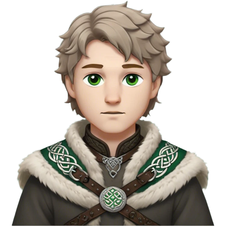Medieval winter outfit worn by a DnD themed fantasy male character. Heavy charcoal wool tunic with arctic wolf fur lining, adorned with intricate iron clasps and a thick leather belt with celtic knotwork. Clothes only above the waist, full waist coverage. The character has no arms. Character is white-skinned with light brown hair, gray-green eyes, and short wavy hair dusted with winter's touch. emoji