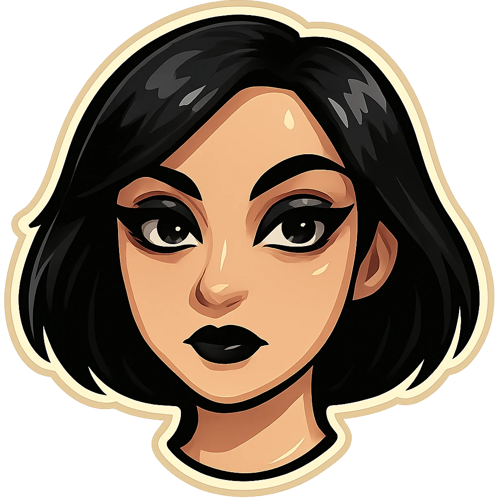 Make the lips small and thin, keep the style of a Telegram sticker, maintain black bob haircut and gothic makeup, with a clean background. emoji
