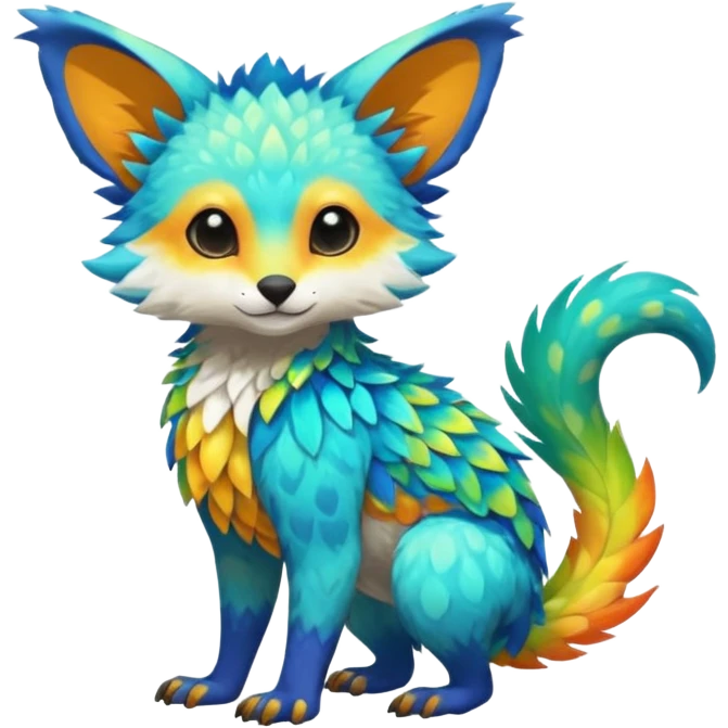 Colorful tropical exotic shiny beautiful fantasy-Trico-Cacomistle-oncilla-animal-Fakémon-hybrid-fursona (full body) emoji