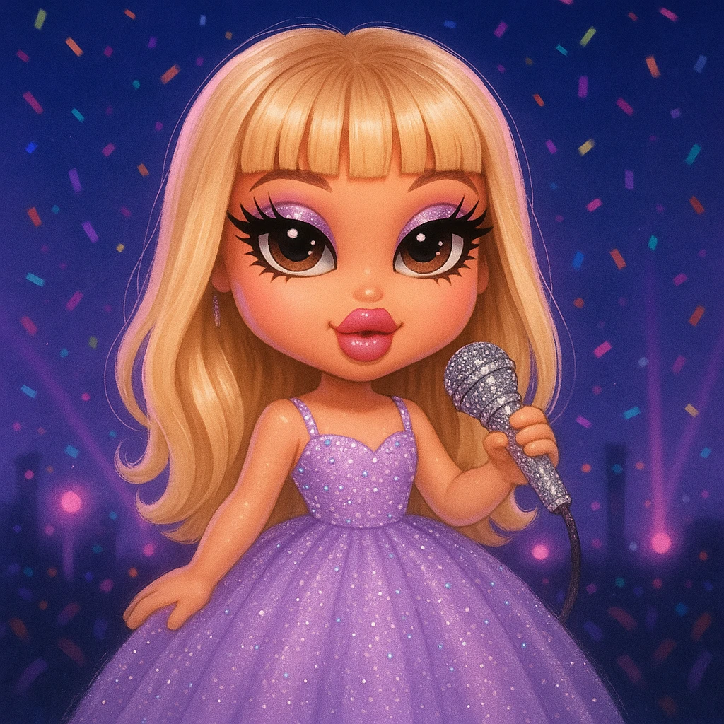 Pretty and girly Blonde pop star with bangs wearing a sparkly tulle light purple ballgown, holding a bedazzled microphone, reimagined as a cute Bratz doll, with a nighttime concert backdrop with colorful confetti emoji