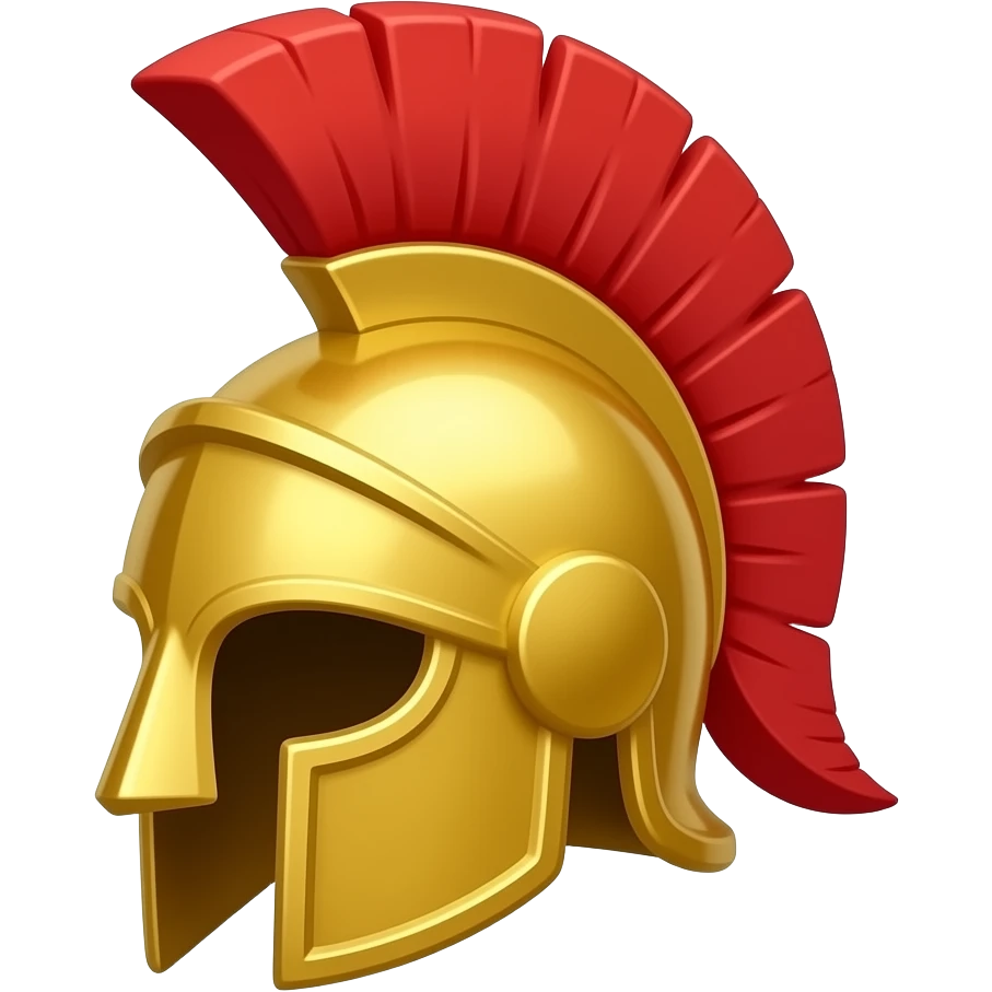 Emoji of a shiny golden Roman helmet with a big red feather plume, green accents on the sides, cartoon style, white background, cute emoji icon emoji