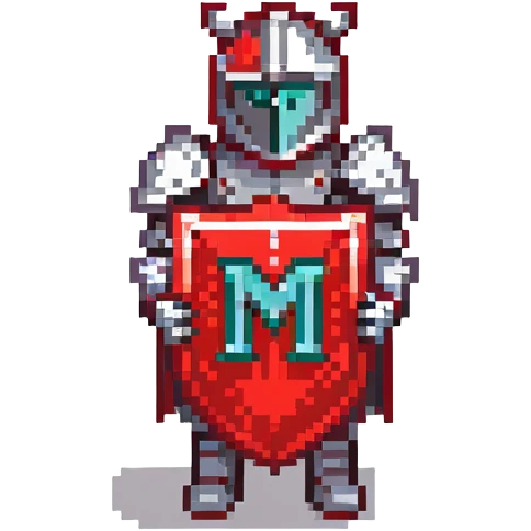 Knight with red and black armor holding a shield with the letter M on it emoji