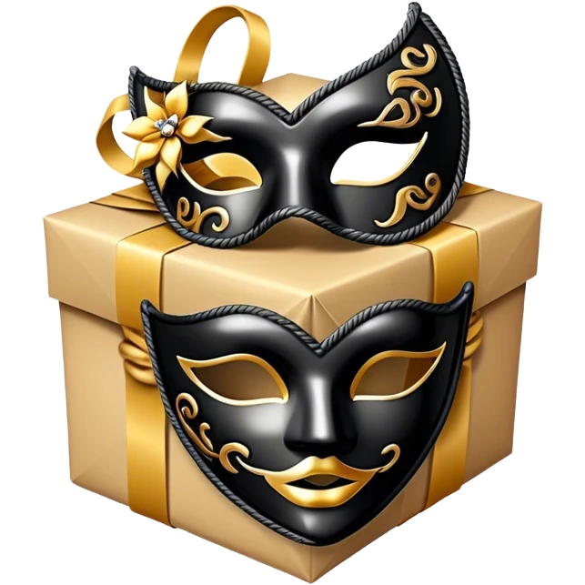 Gift wrapped with black rope and venetian mask emoji