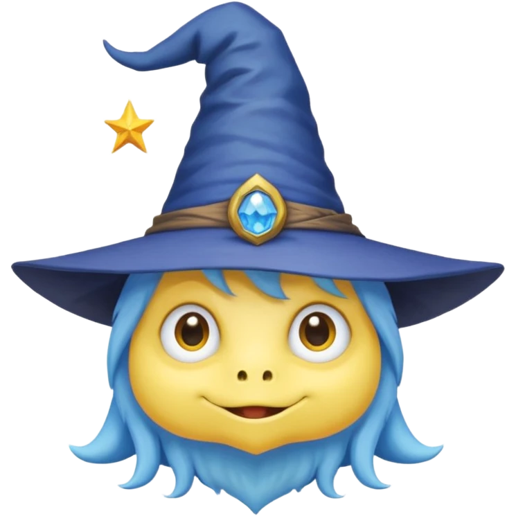 cute monster with white body, yellow tail, wearing blue sky witch hat. the face facing the front towards the 4th wall emoji