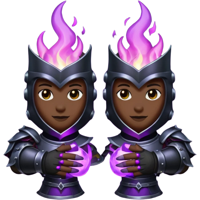 A Discord emoji of a pair of black armored gauntlets holding a flickering violet flame. The hands are positioned as if offering a gift. Dark gothic fantasy, glowing magical effects, high contrast, 2D vector style, white background. emoji