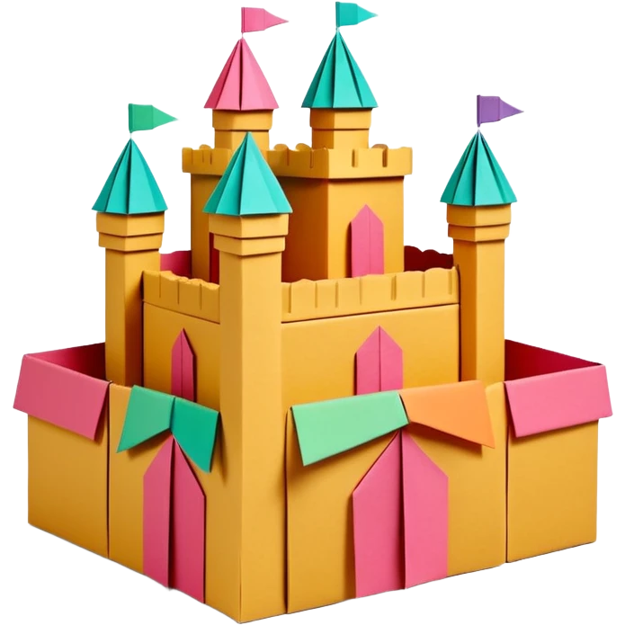 3D render of Cardboard Box Castle made entirely of folded origami paper, sharp creases, cardboard texture, matte finish, visible paper grain, craft aesthetic, Apple emoji style, isolated on white background --v 6.0 emoji