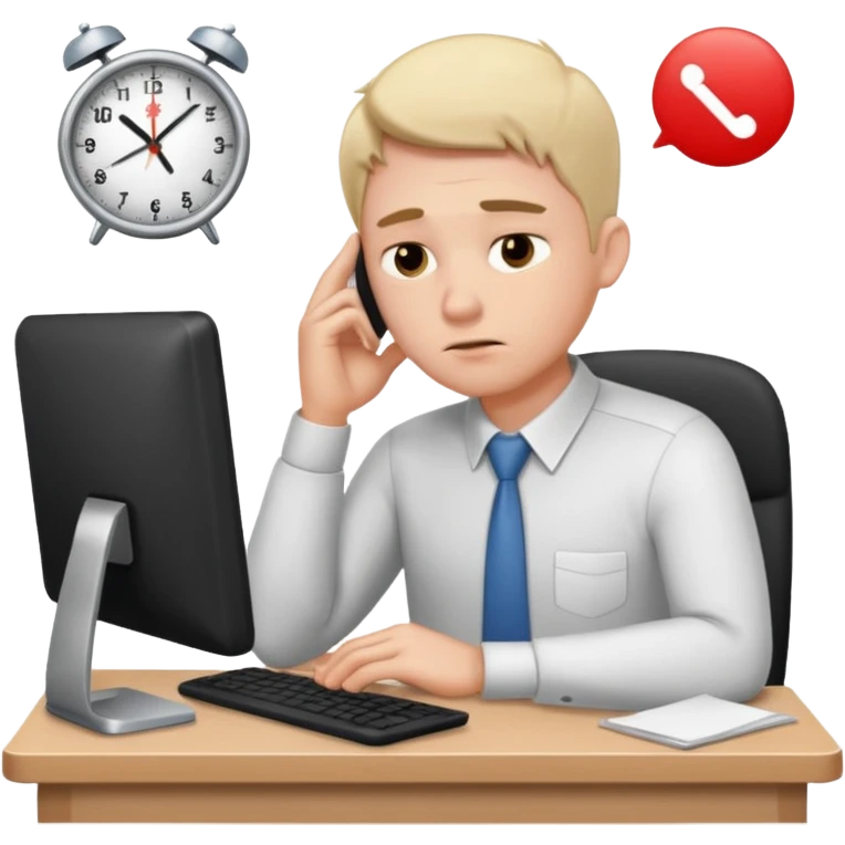 man sitting at his workplace, working hard, very tired, focused face emoji