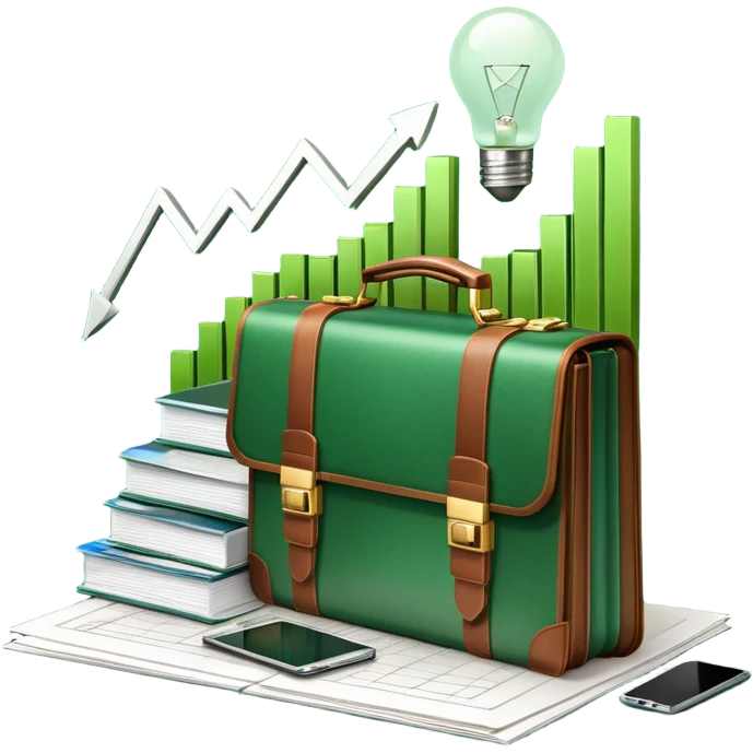 An icon showing a briefcase, a stack of documents, and a rising bar chart, representing business and entrepreneurship. The design features a laptop and a lightbulb, symbolizing innovation and strategy. Transparent background highlights the dynamic world of business growth and leadership. emoji