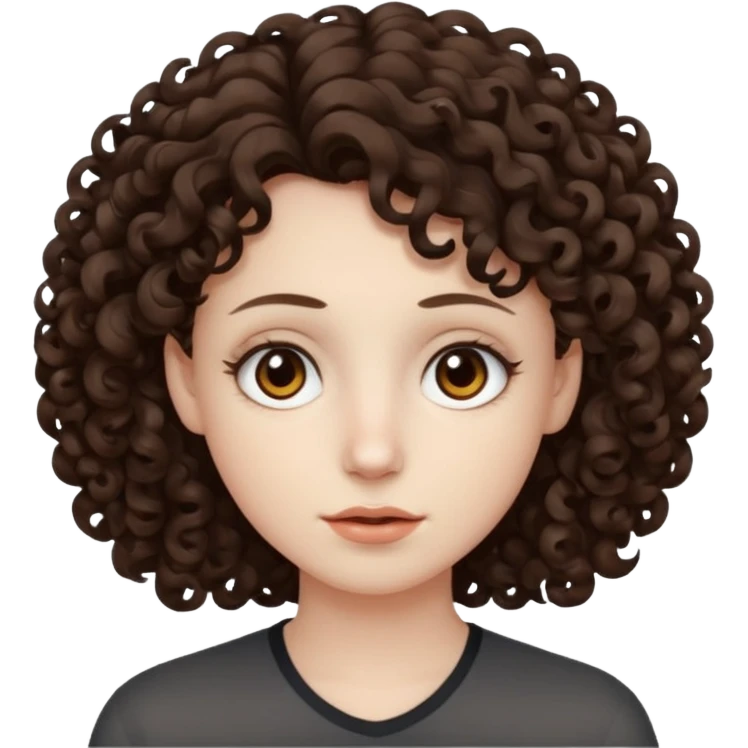 Pale skin, curly dark brown hair, medium brown eyes. emoji