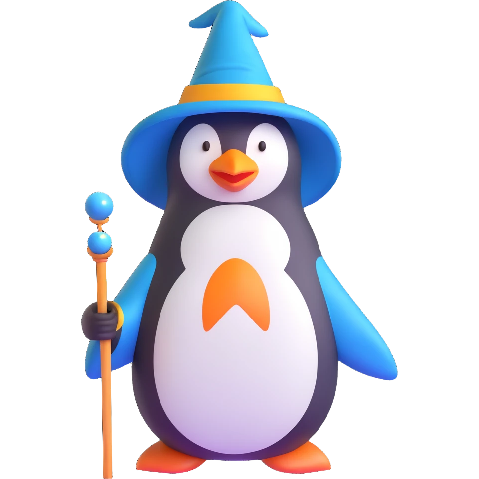 penguin wearing wizard hat and robe holding a magic wand emoji