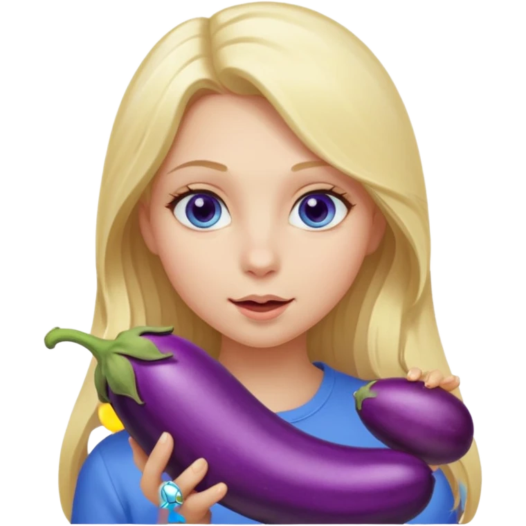 Girl, long blond hair, blue eyes, sucking eggplant emoji