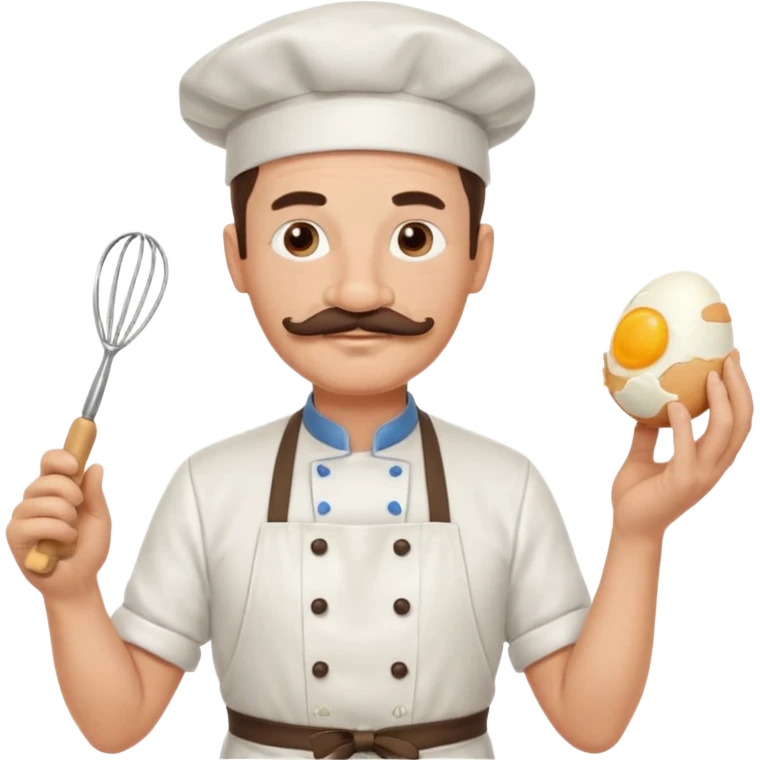 Middle aged male pastry chef - with a mustache, apron, white hat, and holding an egg beater in one hand emoji