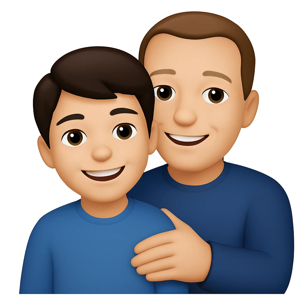 Make the son a 15 year old with dark brown hair, and the father a 39 year old good looking man with a crooked hairline, in the style of apple emojis. The style is colorful, simple, and iconic like apple emoji style. emoji